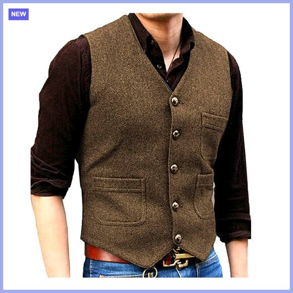 Vintage Tweed Vest V-Neck Wool Waistcoat for Wedding Groomsmen